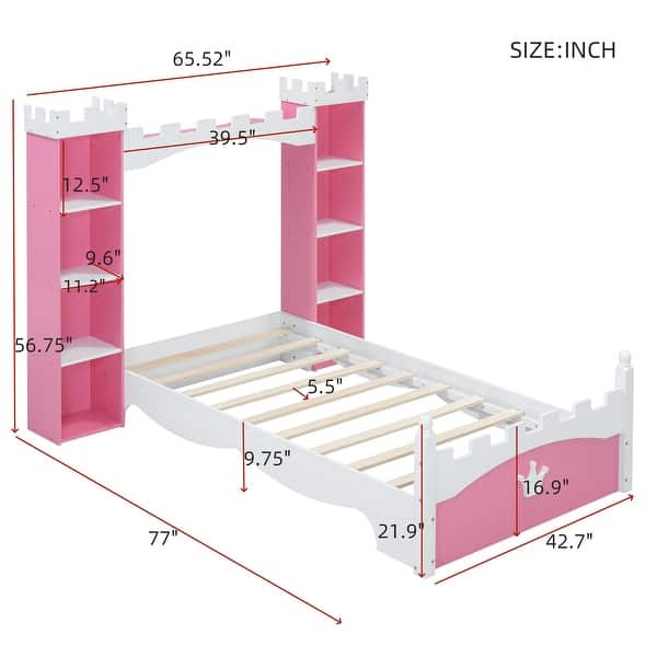 Twin Size Castle-Shaped Platform Bed, Wood Storage Bed with Storage Shelf, Wood Dreamy Bed Frame, Kids, Teens, Pink+White