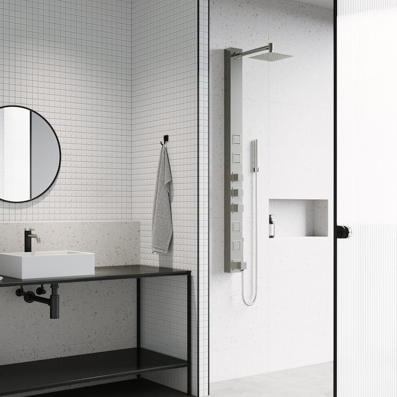 VIGO Bowery 58" H x 4" W 4-Jet Shower Panel with Square Shower Head and Tub Filler