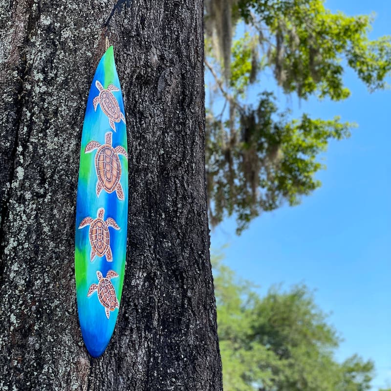 Wooden Sea Turtle Surfboard Wall Decor 38.5" Tropical Ocean Beach Art