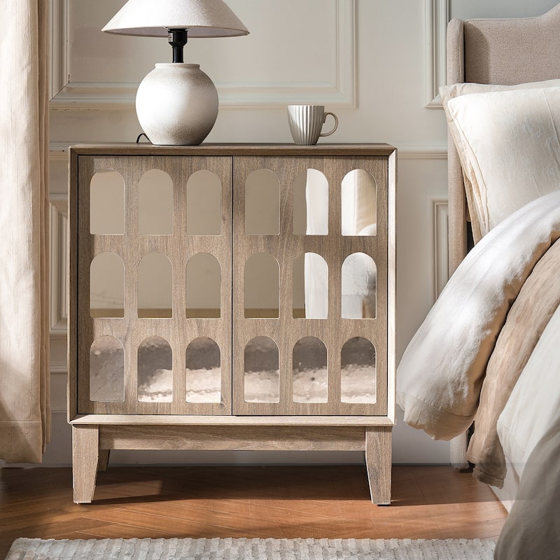 Rossetta Minimalist Style 2-Door Small Archway Mirrors Cuts Design Nightstand with Removable Interior Shelves Solid Wood Legs
