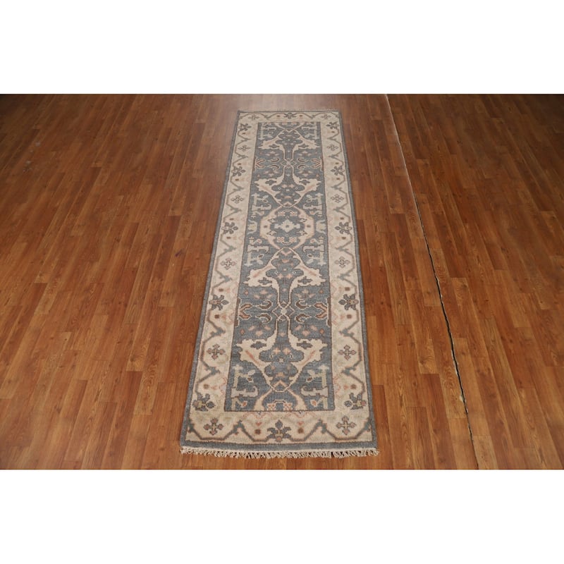 Oushak Indian Runner Rug Hand-Knotted Transitional Grey Wool Carpet - 2'7"x 8'0"