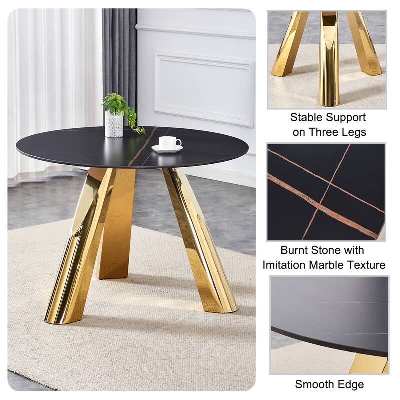 Roomfitters 42" Round Granite Dining Table with Gold-Plated Legs, Sintered Stone Top, Seats 4 tto 6, Black