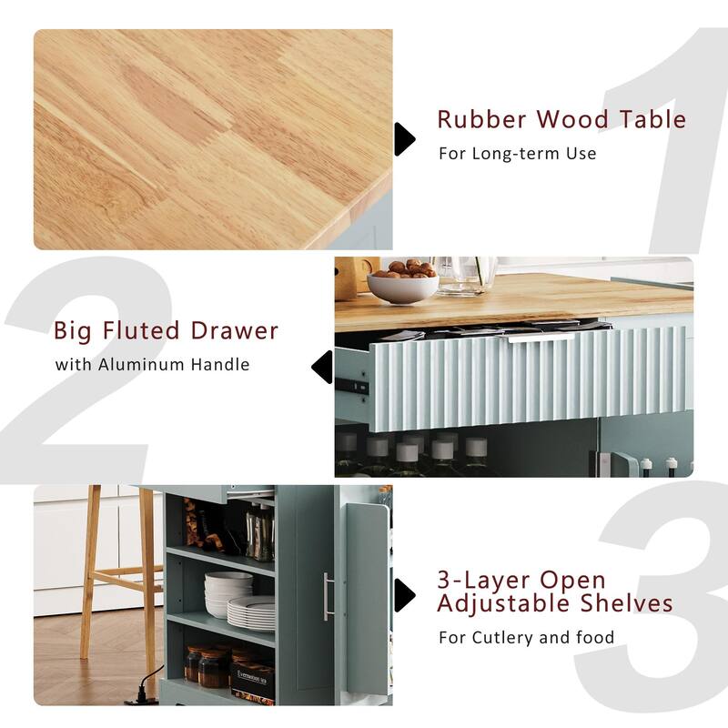 Fluted Kitchen Island with Open Side Racks & Power Outlet, Rolling Storage Cabinet w/Trash Can Storage, Drawers for Living Room