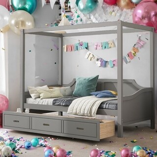 Twin Size Wooden Canopy Daybed with 3 in 1 Storage Drawers,Grey