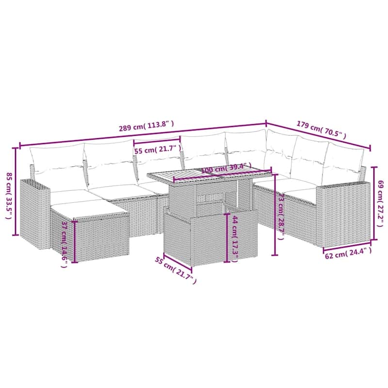 vidaXL Patio Sofa Set with Cushions Outdoor Furniture 9 Piece Poly Rattan - 21.7 x 39.4 x 28.7