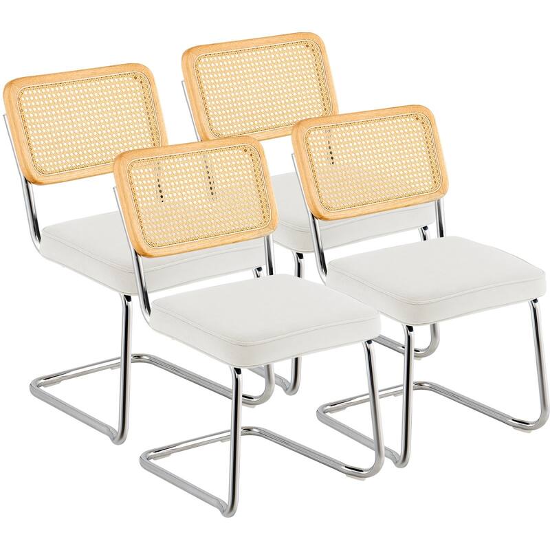 Rattan Dining Chairs Set of 4, Mid Century Modern Dining Chair, Upholstered Velvet Accent Chair with Rattan Back, Retro Dining - White - 4 Pieces