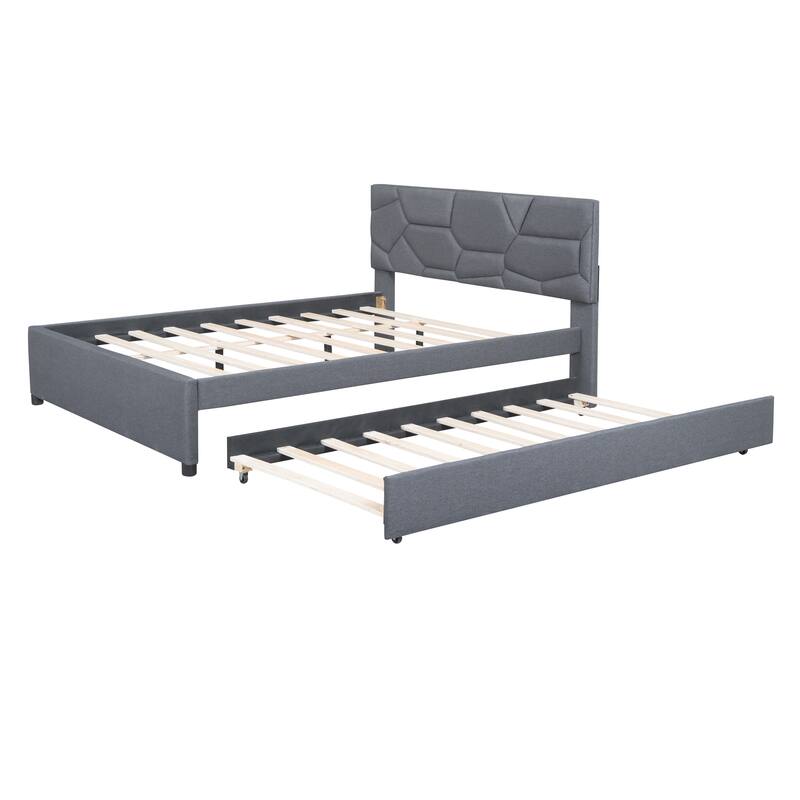 Queen Bed Frame w/ Twin XL Trundle Lrregular Bricks Shape Headboard