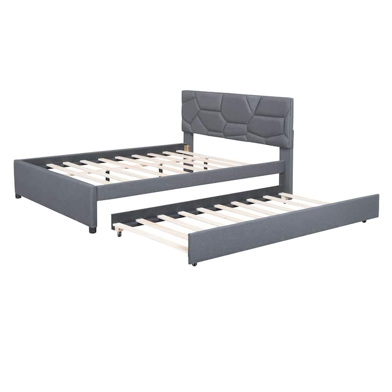 Upholstered Platform Bed with Brick Pattern Headboard and Trundle, Linen Fabric
