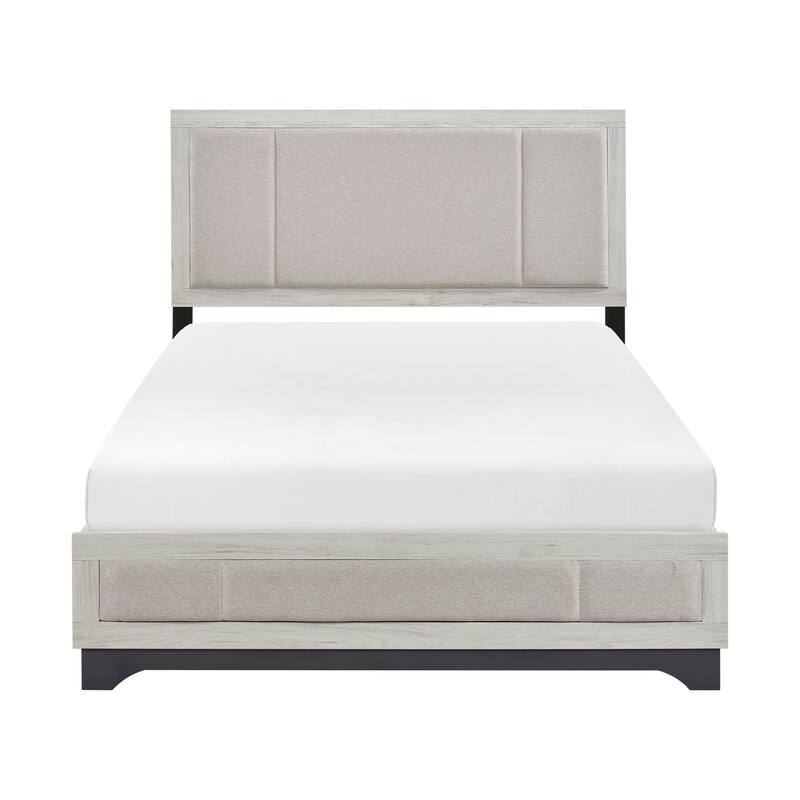 Modern Two-Tone White Oak & Gray Upholstered Queen Platform Bed with Headboard and Footboard