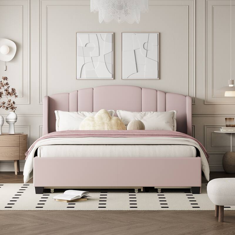 Queen Size Upholstered Bed Frame with Wingback Headboard Trundle and 2 Drawers, Center Support Legs Platform Bed Frame