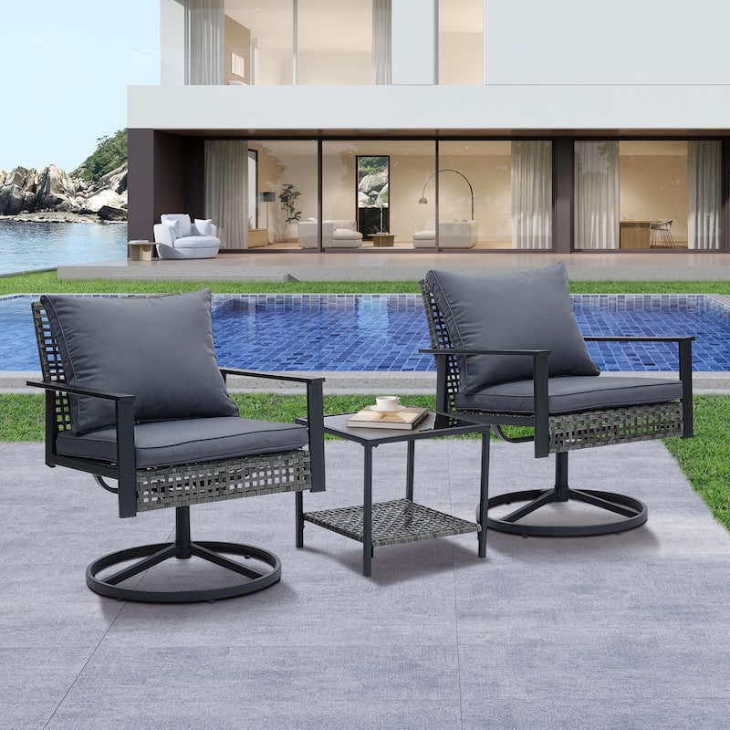 Ainfox 3 Pieces Patio Outdoor Furniture Set with Coffee Table, PE Wicker Swivel Rocking Chairs