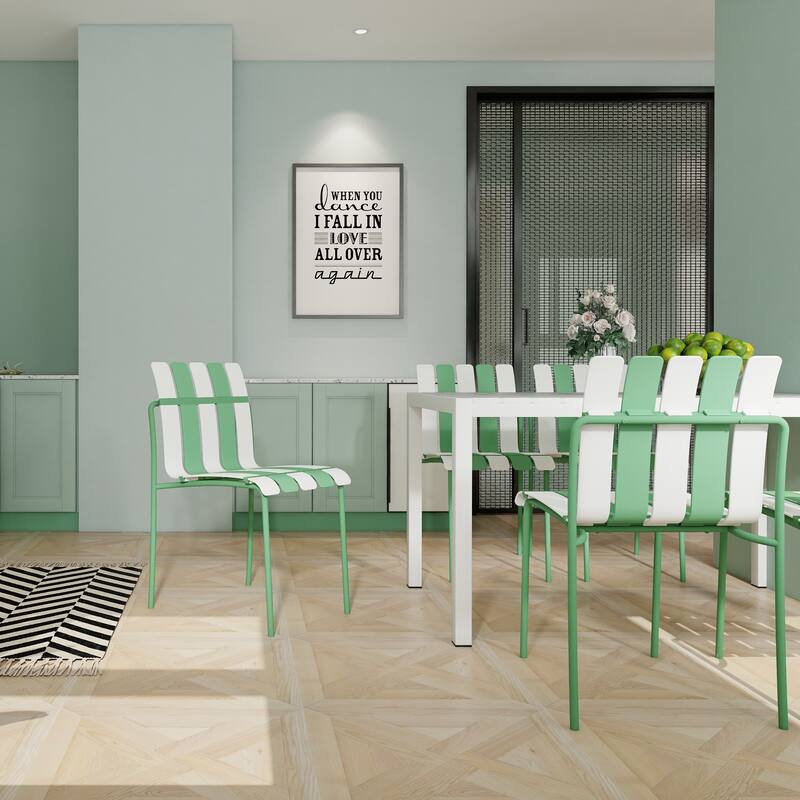 4-Pack Modern Striped Color Block Chairs - Waterproof PP Seat & Sturdy Metal Legs, Indoor/Outdoor Dining Set for Patio, Balcony - Haze Green+White