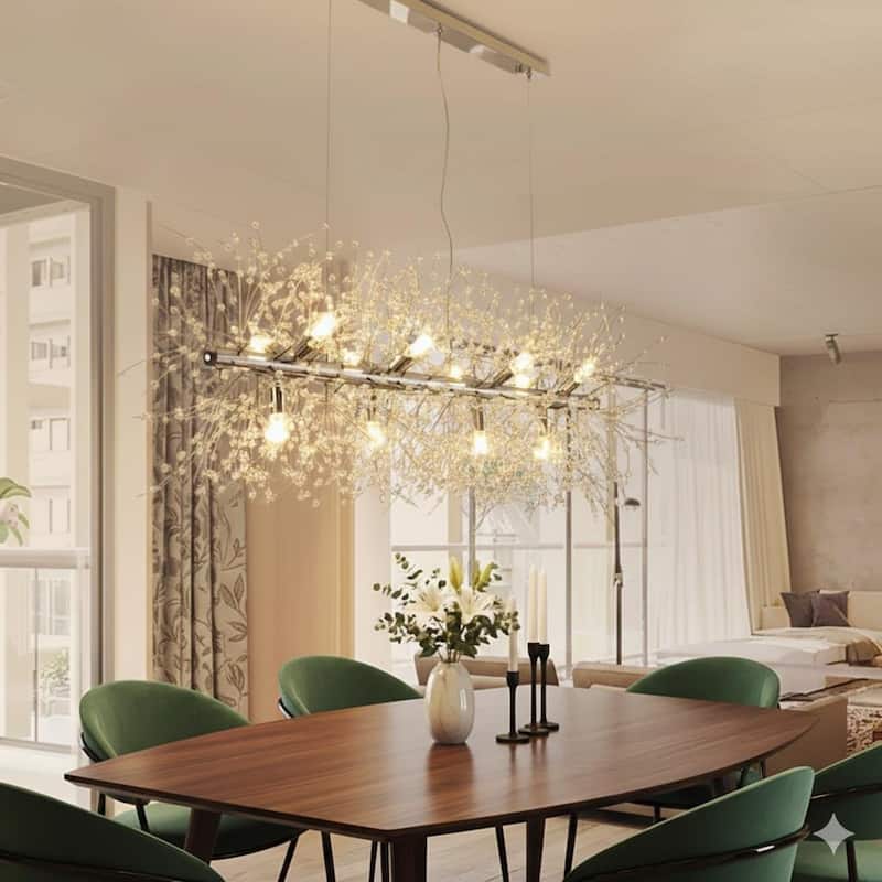 12-Light Kitchen Island Linear Pendant with Crystal Accents, Luxury Chic Style - Chrome