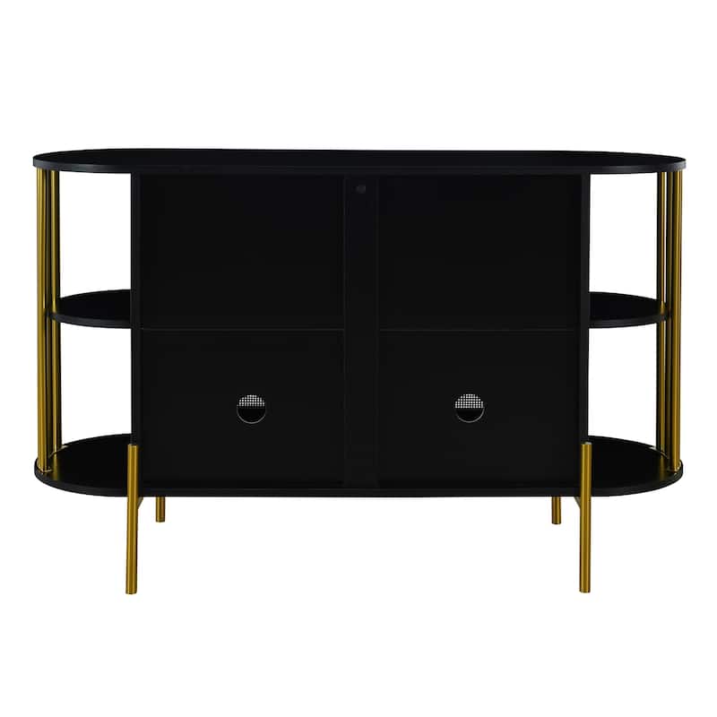 2-Door Storage Cabinet with Woven Rattan Doors, Buffet Sideboard with Gold Trim, Console Table with Curved Open Shelves