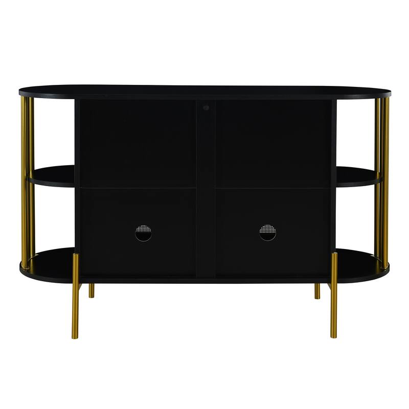 Curved Black Sideboard with Woven Rattan Doors and Open Storage