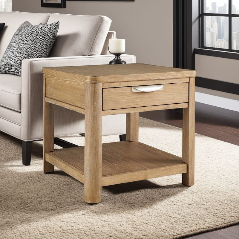 Renie Side End Table, 1 Drawer, Open Shelf, 26 Inch Light Brown Wood
