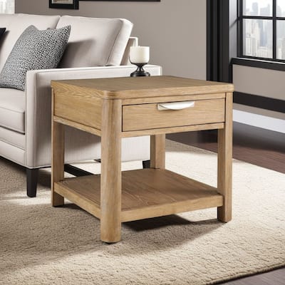 Renie Side End Table, 1 Drawer, Open Shelf, 26 Inch Light Brown Wood