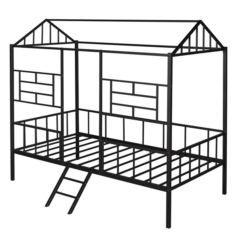 Twin Size Metal House Bed Frame with Slatted Support, No Box Spring Needed, Black