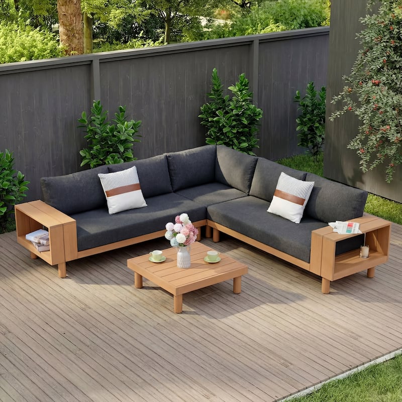 Outdoor 4-Piece Conversation Set Solid Eucalyptus Wood L-Shaped Sectional Sofa with Coffee Table