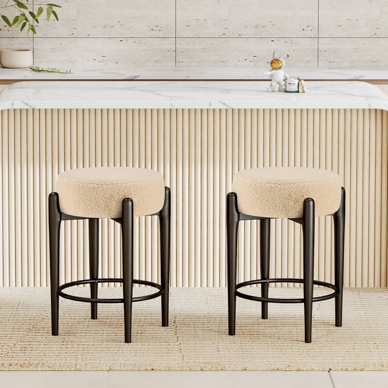 Mid-Century Modern Chair Set of 2 - 23.6" Backless Kitchen Stools with Boucle Upholstery & Sturdy Metal Base