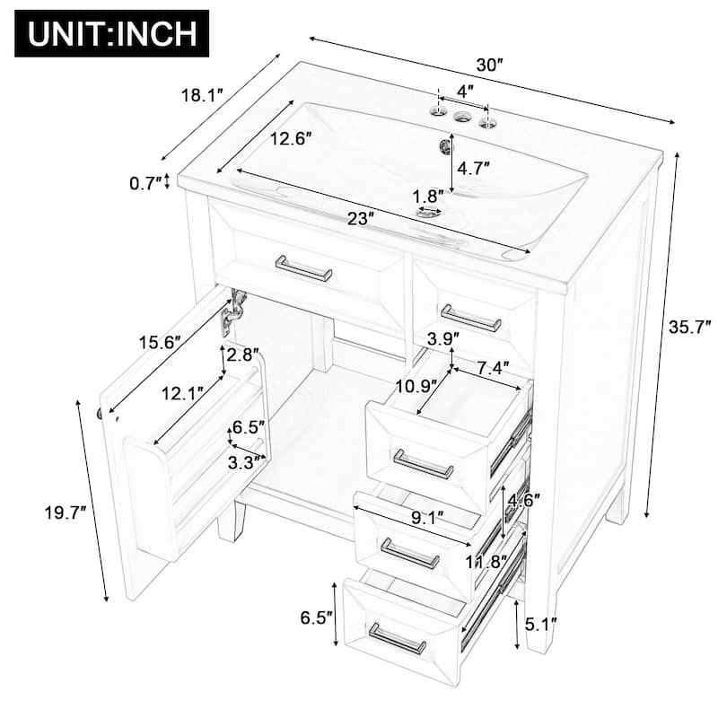 Roomfitters 30" Bathroom Vanity with Sink Combo Cabinet with Drawers Solid Frame and MDF Board One Package