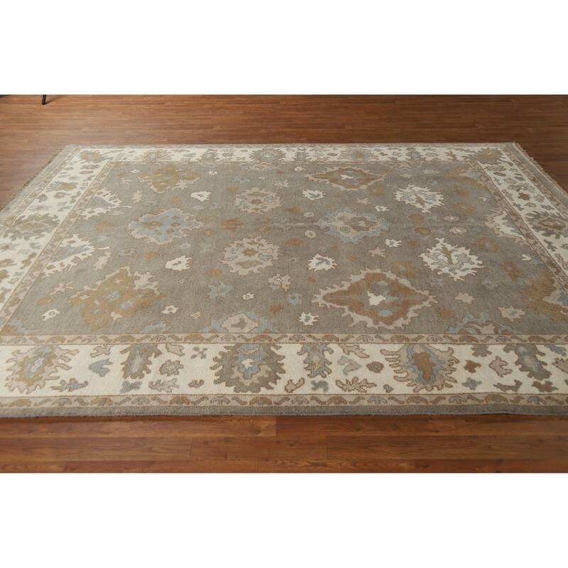 Gray Oushak Indian Area Rug Handmade Floral Transitional Wool Carpet - 7'11" x 10'1"