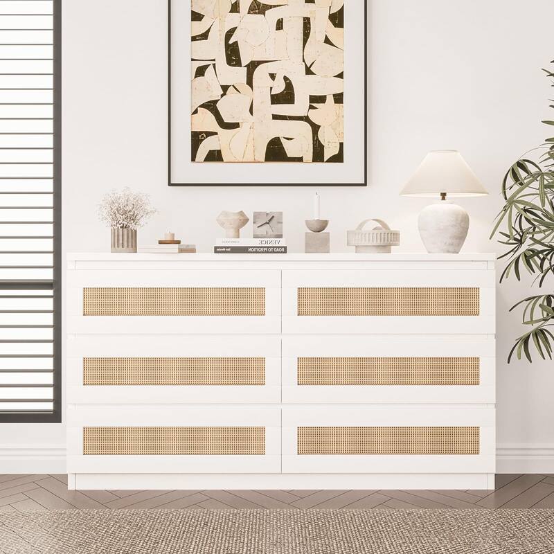 Rattan Dresser for Bedroom, Modern 6 Drawer Double Dresser with Anti-Tip Kit