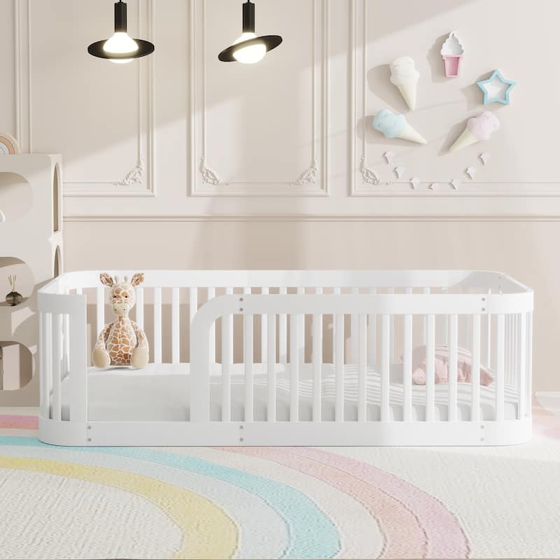 Enchanting Wood Twin Size Floor Bed Frame with Protective Fence by Harper & Bright Designs