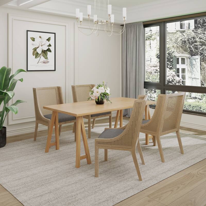 Christopher Knight Home - Sorenza 5pc Dining Set with Cushioned Seats, Cane Rattan Webbing, Rubberwood - Natural Oak+CHARCOAL+Natural Cane.