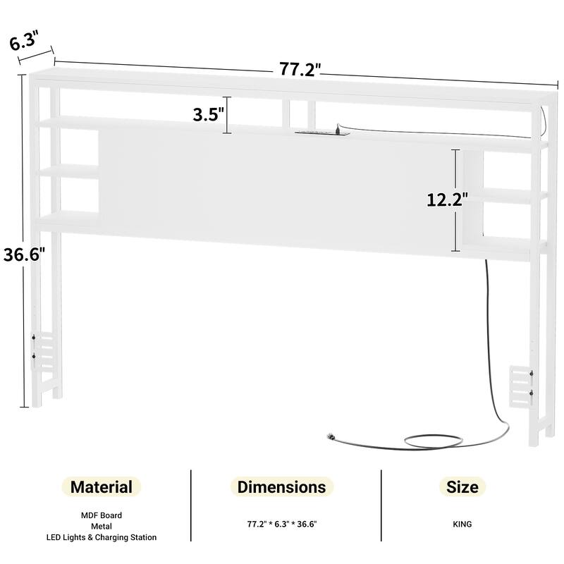 Headboards with Storage Shelves, Head Board with Power Outlet and LED Light for Bed Frame