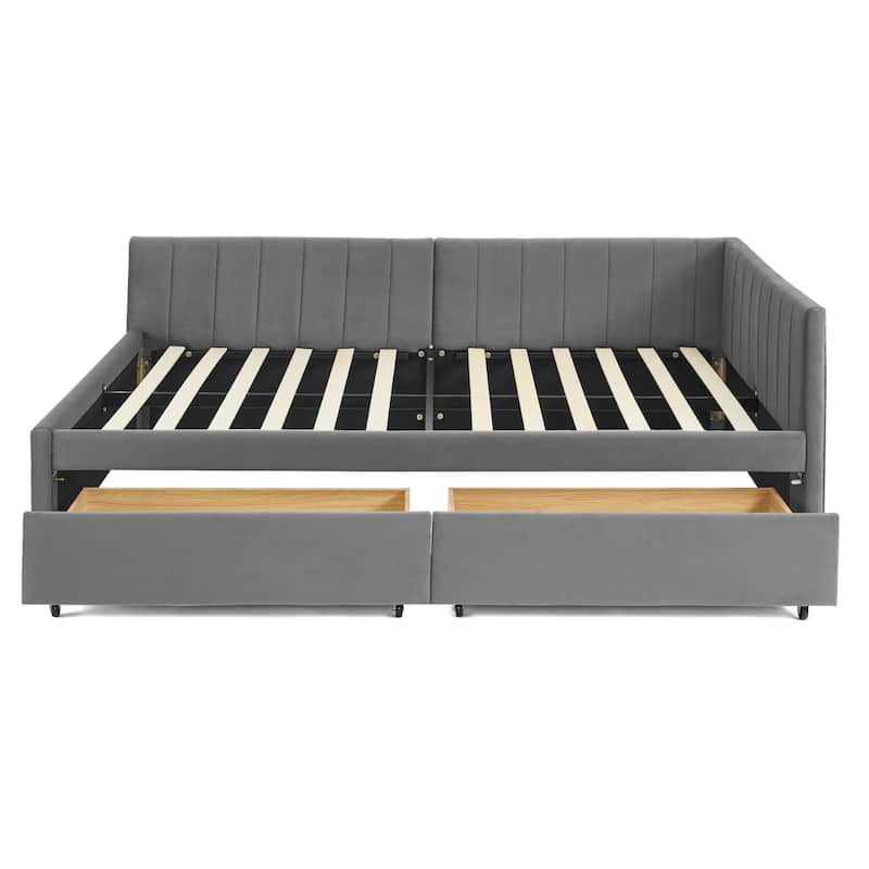 Full Size Velvet Upholstered Daybed with Storage Drawers, Tufted Sofa Bed Frame with Armrests and Backrest