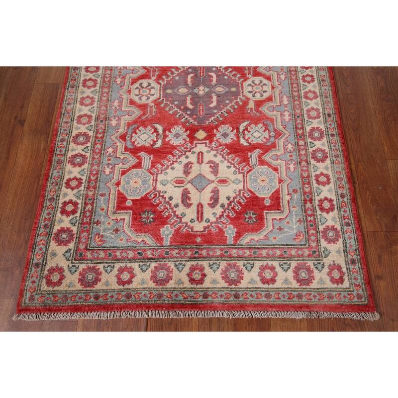 Geometric Red Kazak Accent Rug Hand-Knotted Foyer Wool Carpet - 2'10" x 4'3"