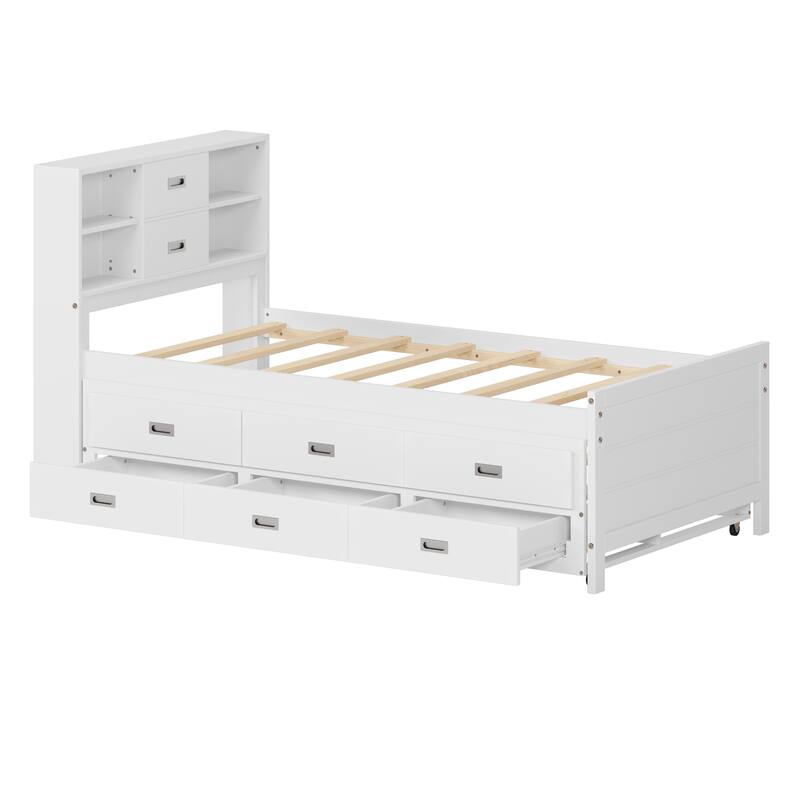 Full/Twin Size Captain Bed with Storage Bookcase Headboard,Captain bed with Trundle and Three Storage Drawer