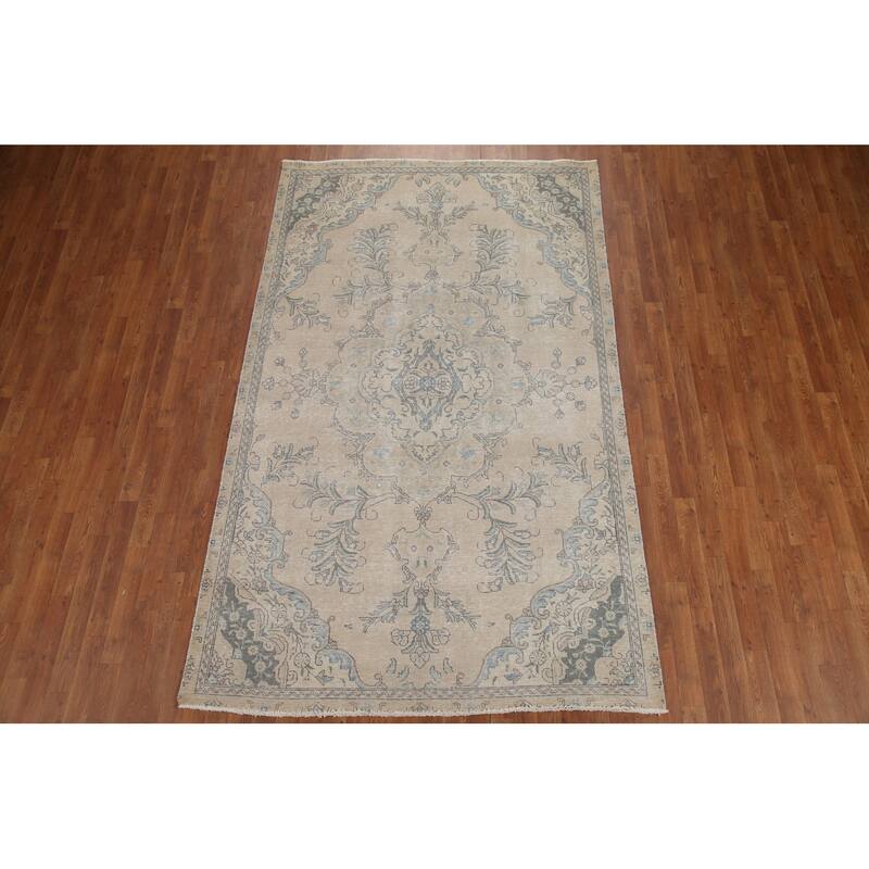 Hand Knotted Oriental 100% Wool Carpet Traditional Floral Beige & Ivories Tabriz Area Rug - 9' 2'' X 5' 6''