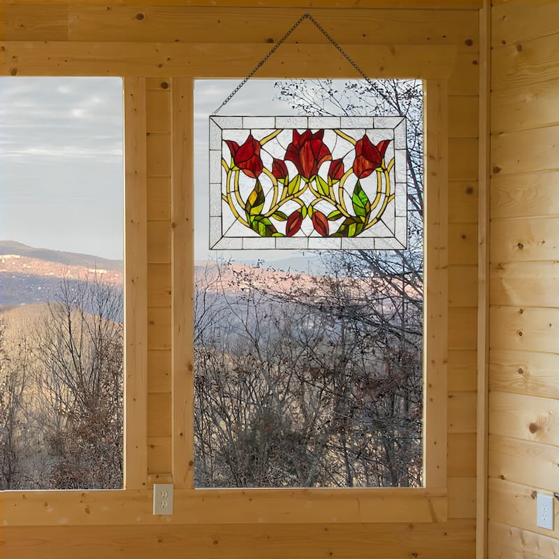 16-in H Red Floral Vines Multicolored Stained Glass Window Panel - 24" x 0.25" x 16"