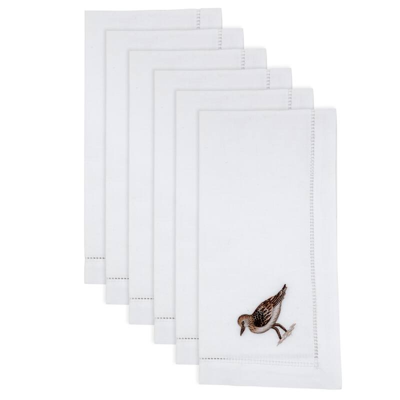 Embroidered Songbird Cotton Napkins (Set of 6) - Hemstitch Border with Nature-Inspired Motif, 20"x20"