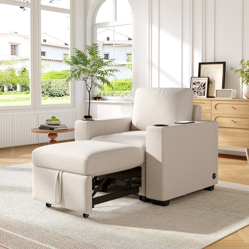 Convertible Sectional Sofa with Pull-out Sofa Bed and Dual Cup Holders - Beige Single Sofa