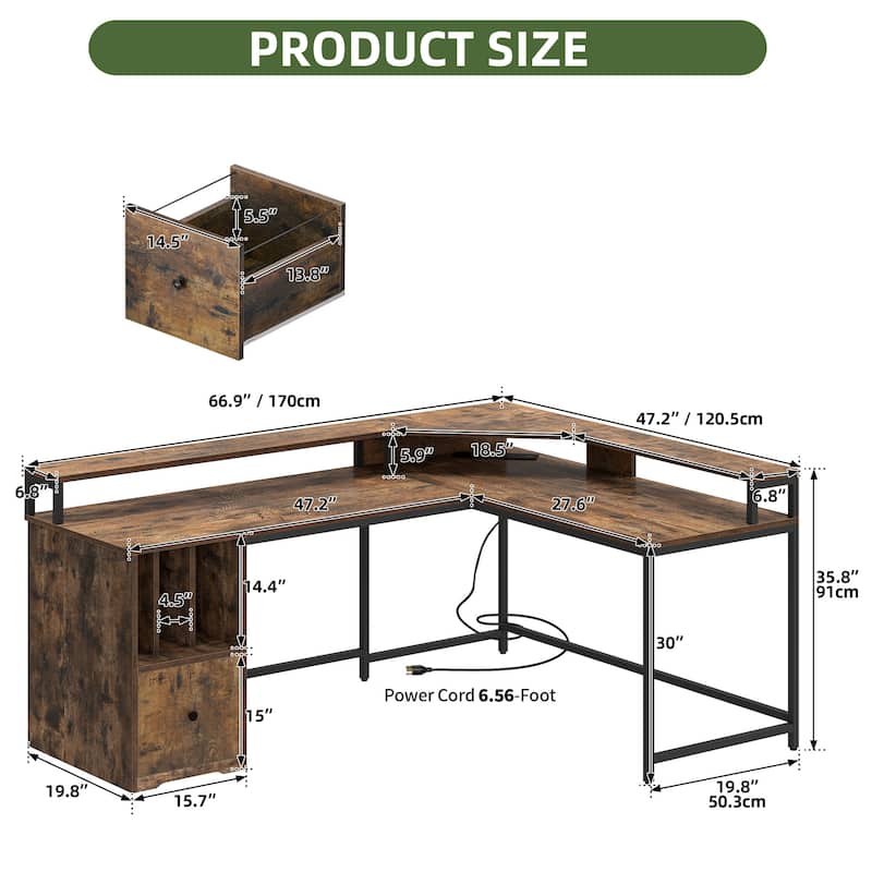 Moasis 66" L Shaped Corner LED Computer Desk with Cabinet and Power Outlets