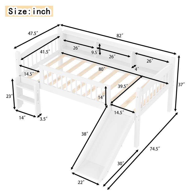 Twin XL Loft Bed with Storage Shelves, Solid Wood Lower Loft Bed with LED Lights and Full-length Guardrails