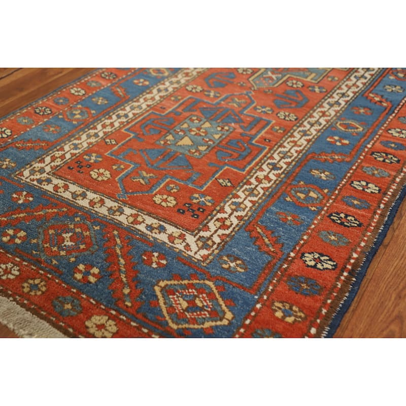 Hand Knotted Oriental 100% Wool Carpet Traditional Geometric Oranges & Rust Heriz (serapi) Runner Rug - 12' 7'' X 2' 10''
