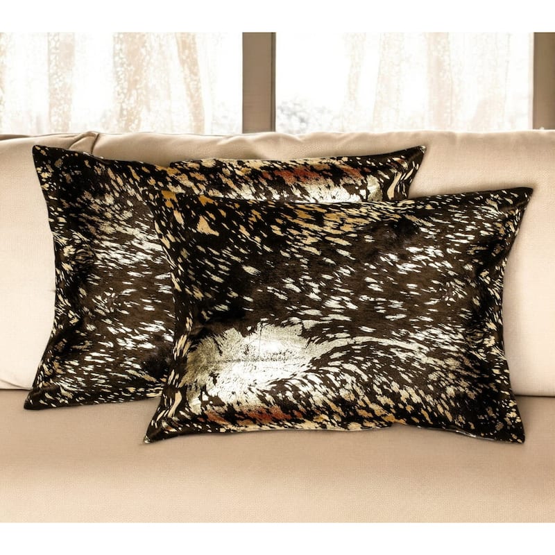 Set of Two 12" X 20" Chocolate and Gold Abstract Cowhide Lumbar Throw Pillows with Glitter - Set of 2 - Specialty