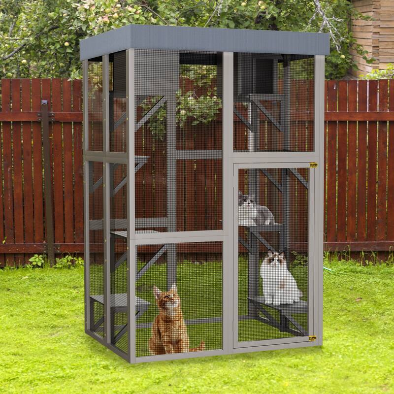Large Outdoor Cat Catio Enclosure, Cat House with Waterproof Roof, Cage Playpen with 6 Jumping Platforms & 2 Napping Houses