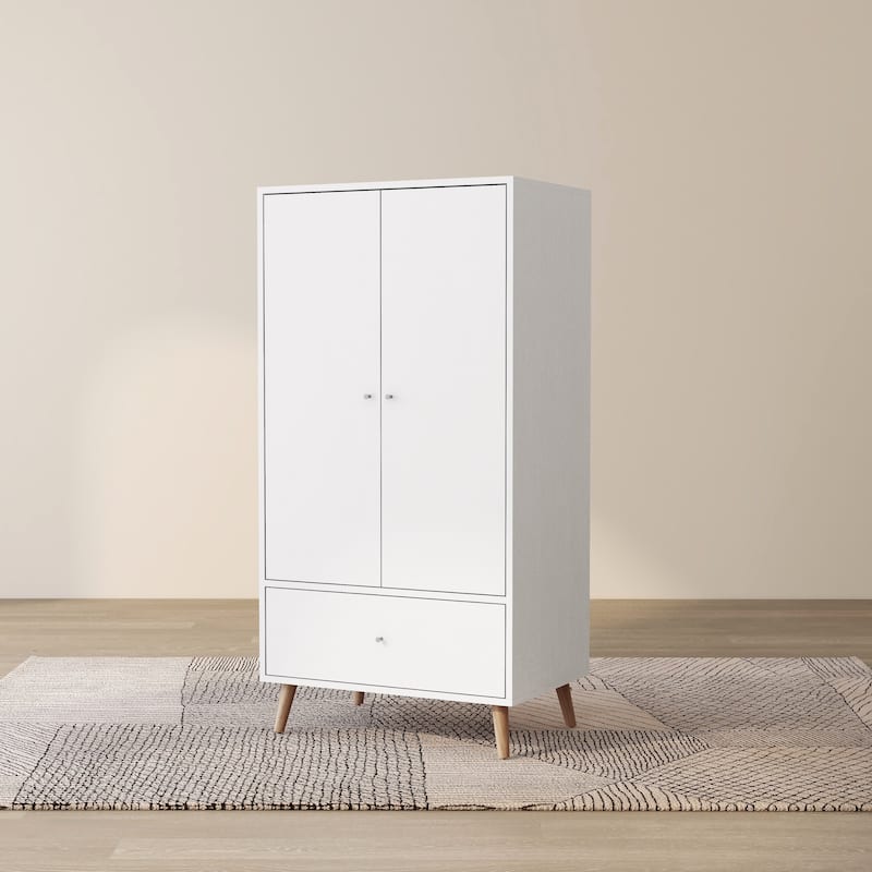 DH BASIC Mid-Century Modern White 1-Drawer Wardrobe Armoire with Knobs by Denhour