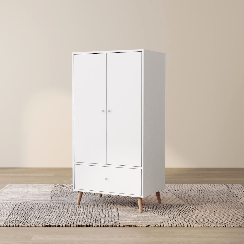 DH BASIC Mid-Century Modern White 1-Drawer Wardrobe Armoire with Knobs by Denhour