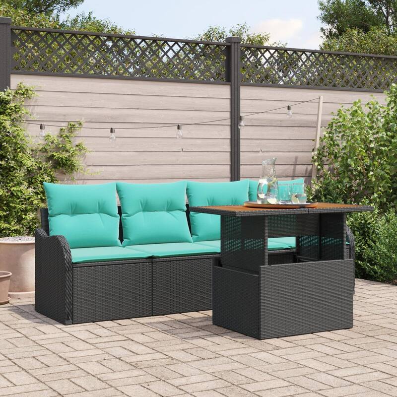 vidaXL 5 Piece Garden Sofa Set with Cushions Black Poly Rattan - 90.9×24.4×27.2