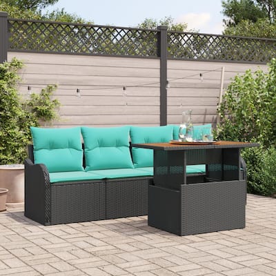 vidaXL 5 Piece Garden Sofa Set with Cushions Black Poly Rattan - 90.9×24.4×27.2