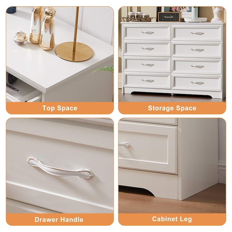 Modern Drawer Dresser Clothes Organizer with 8 Drawers Metal Handles Anti-tipping Device, for Living Room Bedroom Hallway, White