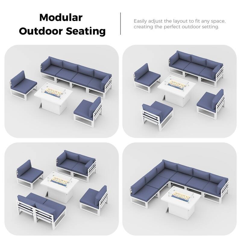 7 Piece Aluminum Patio Furniture Set with Fire Pit Propane/Natural Gas, 29 inch Deep Wide Seat Aluminum Outdoor Sectional