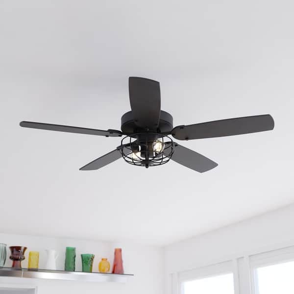 slide 2 of 13, Reed 48 in. Matte Black Ceiling Fan, Reversible Dark Bronze-Driftwood Blades, LED Light Kit, Pull Chain, Metal Cage Drum Shade 48-in W x 20-in H x 48-in D - Matte Black