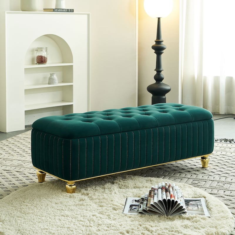 Velvet Fabric Storage Ottoman, Upholstered Button Tufted Storage Bench, End of Bed Bench with Safety Hinge & Metal Legs - Green